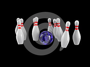 Bowling Ball crashing into the pins. 3D rendering