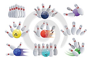 Bowling ball crashing into the pins isolated on white background skittles ninepins kegling vector illustration