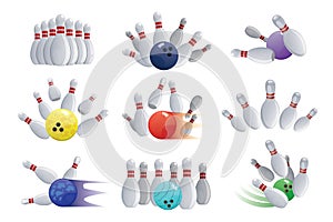 Bowling ball crashing into the pins isolated on white background skittles ninepins kegling vector illustration photo