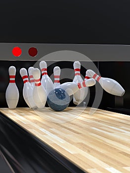 Bowling ball hitting all 10 pins, in a Strike