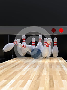 Bowling ball hitting all 10 pins, in a Strike