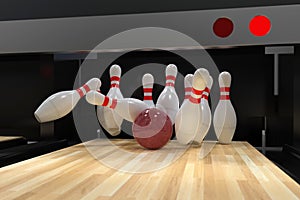 Bowling ball hitting all 10 pins, in a Strike