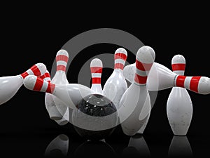 Bowling ball hitting all 10 pins, in a Strike, black background
