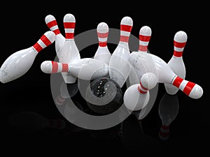 Bowling ball hitting all 10 pins, in a Strike, black background