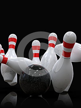 Bowling ball hitting all pins, in a Strike, black background