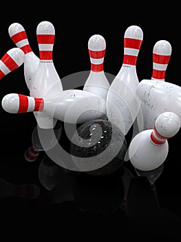 Bowling ball hitting all pins, in a Strike, dark background