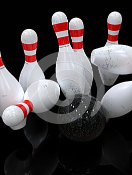 Bowling ball hitting all pins, in a Strike, dark background