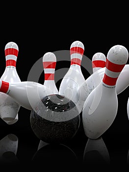 Bowling ball hitting all pins, in a Strike, dark background