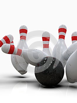 Bowling ball hitting all pins, in a Strike, light background