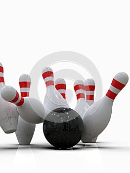 Bowling ball hitting all pins, in a Strike, light background