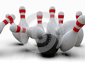 Bowling ball hitting all pins, in a Strike, white background