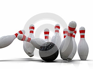 Bowling ball hitting all pins, in a Strike, white background