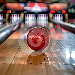 Bowling ball on a lane on the background of pins