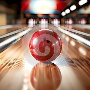 Bowling ball on a lane on the background of pins