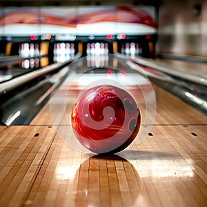 Bowling ball on a lane on the background of pins