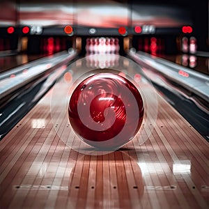 Bowling ball on a lane on the background of pins