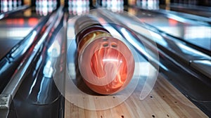 A bowling ball is in the middle of a row of pins, AI