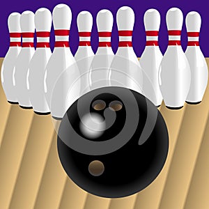 Bowling ball and pins