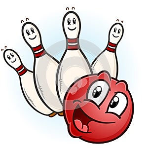 Bowling Ball and Pins Cartoon Characters on a Retro Wooden Background