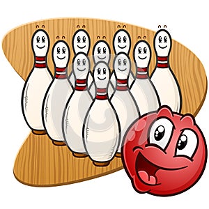 Bowling Ball and Pins Cartoon Characters on a Retro Wooden Background