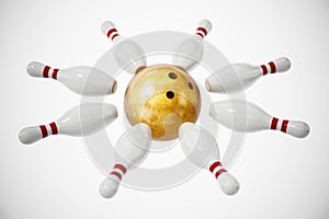 Bowling ball and pins isolated on white background. 3D illustration