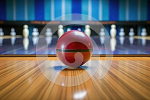 bowling ball and pins positioned on a bowling lane