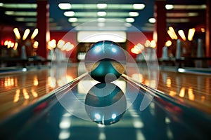 bowling ball and pins positioned on a bowling lane