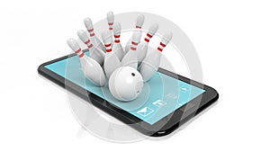 Bowling ball and pins set on tablet screen