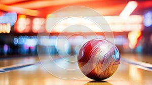 Bowling ball put on alley with blurred bowling pin background.