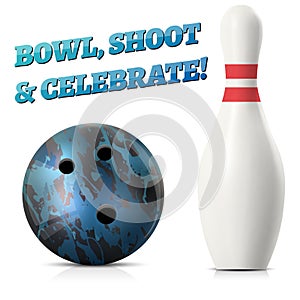 Bowling ball and skittle on white background