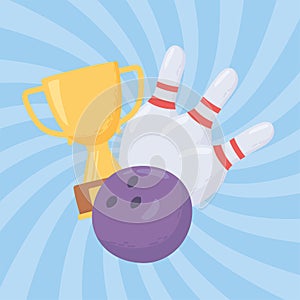 Bowling ball skittles and trophy game recreational sport flat design