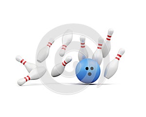 Bowling ball smashes into the pins on white background.