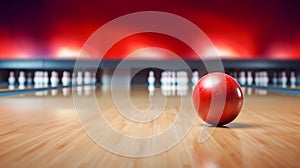 bowling ball on the track in the bowling center. For sport design or web background. Generative ai