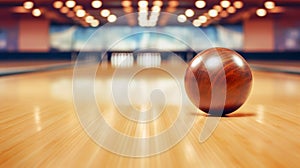 bowling ball on the track in the bowling center. For sport design or web background. Generative ai