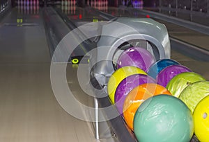 Bowling balls on the background of the bowling lanes