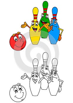 Bowling balls and bowling as coloring books for kids - illustration