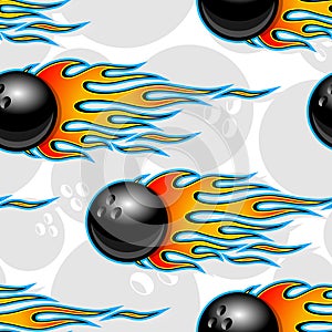 Seamless vector pattern with bowling ball icons and flames.