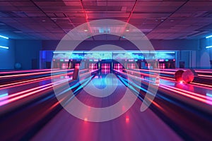 Bowling balls roll down a neon-lit alley in a bustling bowling alley, A bowling lane with glowing neon lights