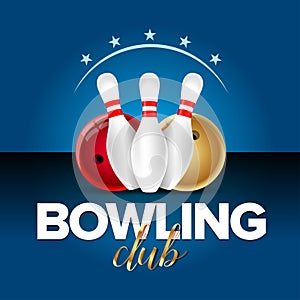 Bowling banner, card template, bowling champ club and leagues symbols. Realistic illustration.