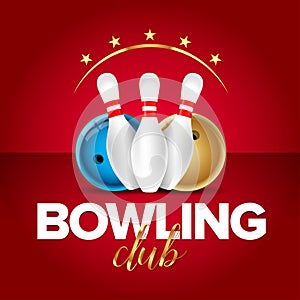 Bowling banner, card template, bowling champ club and leagues symbols. Realistic vector illustration.