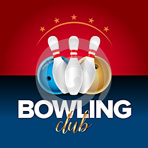 Bowling banner, card template, bowling champ club and leagues symbols realistic vector illustration.