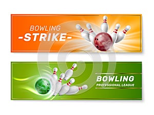 Bowling banners. Realistic game elements, professional playing accessories, ball breaking pins, game tournament invitation