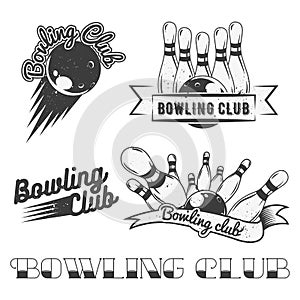 Bowling club logo vector set in vintage style. Labels, badges and emblems. Strike, balls, ninepins