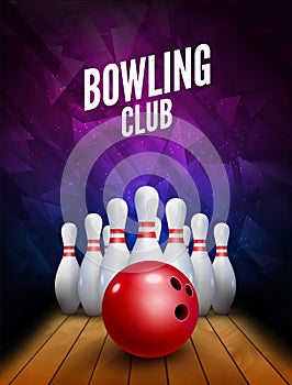 Bowling club poster with ball and bowling pins.