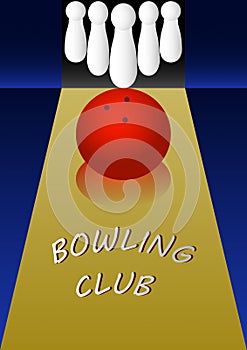 Bowling club poster with ball and pins.