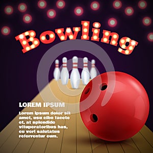 Bowling club poster with red ball and skittles. Vector