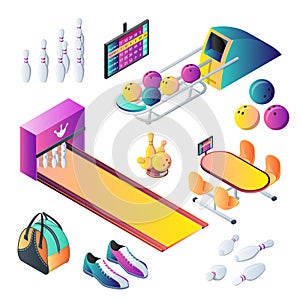 Bowling club vector 3d isometric icons and design elements set. Bowling balls, skittles and equipment illustration photo