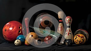 Bowling equipment on black background, Bowling ball, skittles and pins, Generative AI illustrations