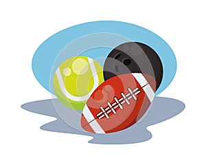 Bowling and football american with tennis sports balls