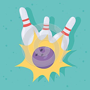 Bowling game ball touching white skittles flat design